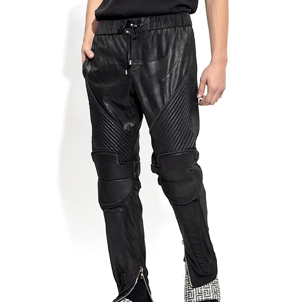 BALMAIN BLACK RELAXED-FIT LEATHER BIKER PANTS